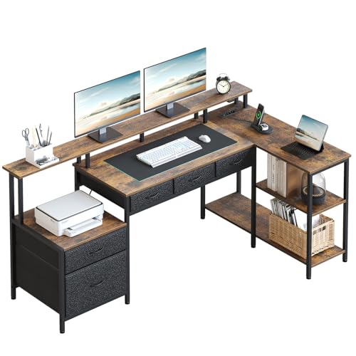 Seventable Schreibtisch L Form, Computertisch mit Steckdose, LED & Monitorständer, Reversibel Eckschreibtisch mit Schubladen, perfekt für Schlafzimmer Büro Wohnzimmer, vintagebraun Seventable Schreibtisch L Form, Computertisch mit Steckdose, LED & Monitorständer, Reversibel Eckschreibtisch mit Schubladen, perfekt für Schlafzimmer Büro Wohnzimmer, vintagebraun von Seventable