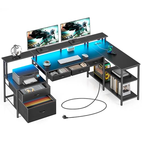 Seventable Schreibtisch L Form, Computertisch mit Steckdose, LED & Monitorständer, Reversibel Eckschreibtisch mit Schubladen, perfekt für Schlafzimmer Büro Wohnzimmer von Seventable