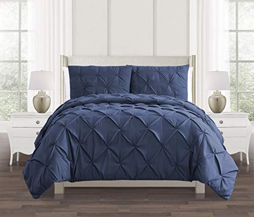 Bettbezug-Set, 100 % Baumwollperkal, mit Knitterfalten und Biesen, für Einzel-, Doppel-, King-Size- und Super-King-Size-Betten mit Kissenbezügen (Marineblau, Super-King-Size-Bett) von SeventhStitch