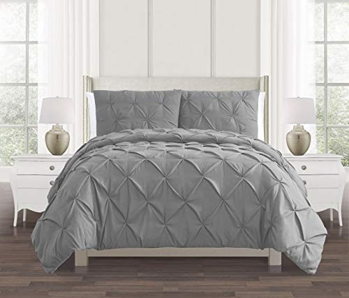 Bettbezug-Set, 100 % Baumwollperkal, mit Knitterfalten und Biesen, für Einzel-, Doppel-, Kingsize- und Super-Kingsize-Betten mit Kissenbezügen (Silber, Super-King-Size-Bett) von SeventhStitch