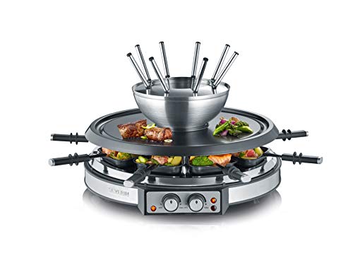 SEVERIN Raclette-Fondue-Kombination, 1900 W, Raclette für 8 Personen mit Grillstein, 2-in-1-Kombination aus Raclette und Fondue mit 8 Pfännchen, Schabern und Fondue-Gabeln, RG 2348 von SEVERIN