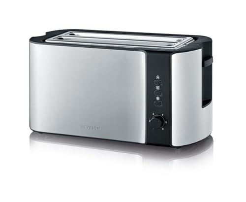 SEVERIN Automatik-Langschlitztoaster für 4 Toastscheiben, mit Brötchenaufsatz hochwertiger Edelstahl Toaster mit großen Röstkammern und 1.400 W Leistung, Edelstahl-gebürstet/schwarz, AT 2590 von SEVERIN
