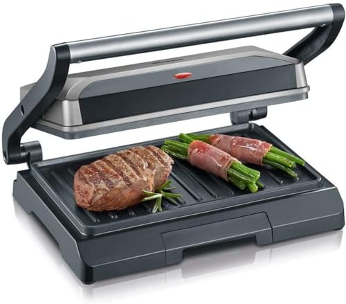 SEVERIN Kontaktgrill für Sandwiches, Steak und als Panini Grill, antihaftbeschichteter Sandwich Maker für fettfreies Grillen, 800 W, metallic grau/schwarz, KG 2394 von SEVERIN