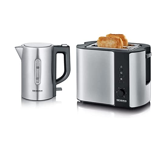 SEVERIN Reise-Wasserkocher-Set, Mini-Reisewasserkocher für 0,5 L, elektrischer Wasserkocher & Automatik-Toaster, Toaster mit Brötchenaufsatz, 800 W, Edelstahl-gebürstet/schwarz von SEVERIN