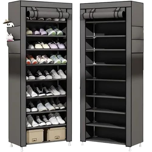 Severno Schuhregal, Schuhschrank Schmal, Garderobe mit Schuhschrank, Stoffschrank Regal mit 9 Einlegeböden, 2 Außenfächern und Schwarzem Metallrahmen, Material: 100% PE, Abmessungen: 160x60x30cm von Severno