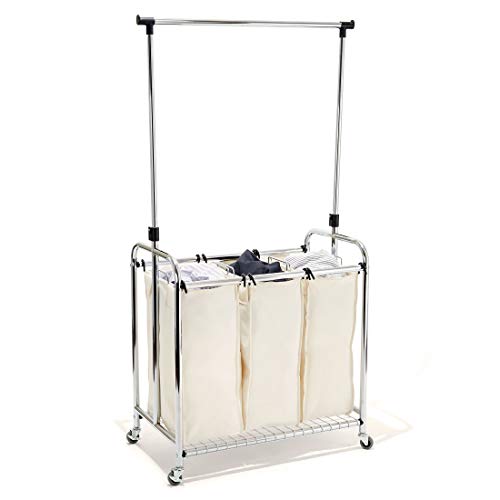 Seville Classics WEB153 Wäschesammler mit 3 Wäschesäcken und höhenverstellbarer Kleiderstange, Metall, Silber, 78 x 45.7 x 99 cm von Seville Classics