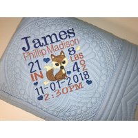 Erbstück Baby Quilt, Personalisierte Junge Fuchs, Waldtiere Geburtsankündigung Quilt Decke von SewCuteBabyQuiltsUS
