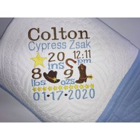 Personalisierte Cowboy-Erbstück-Baby-Quilt, Personalisierte Baby-Junge-Western-Thema-Cowboy-Geburts-statistik-Ankündigungs-Quilt-Decke von SewCuteBabyQuiltsUS