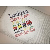 Zug Erbstück Baby Quilt, Personalisierte Boy Choo Decke Geburt Stat Andenken Quilt von SewCuteBabyQuiltsUS