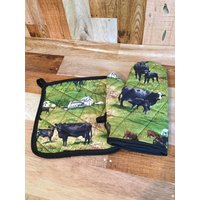 Rinder Kühe Topfhalter Und Ofen Mitt Set, Gesteppt Isoliert von Sewmanydeals
