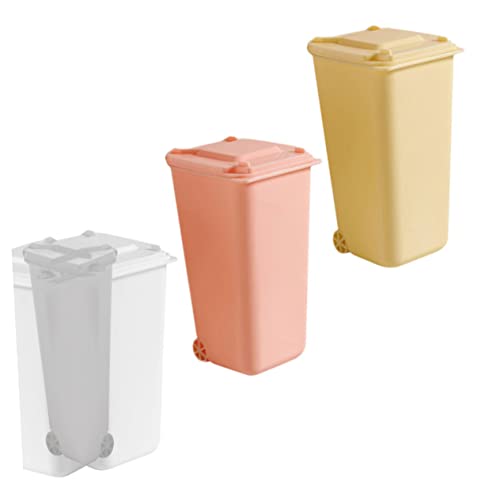 Sewroro 3 Stück Mini Tischabfalleimer mit Deckel Kompakter Desktop Mülleimer Weiß Rosa und Gelb Abgedeckter Papierkorb für Büro Zuhause Geruchshemmender Kleiner Abfallbehälter von Sewroro