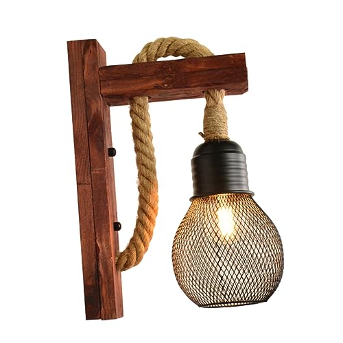 Sewroro Wandlampe Holz im Ländlichen Stil mit Dekorativem Jute Seil Retro Chandelier für Schlafzimmer Wohnzimmer Restaurant Ohne Glühbirne Retro Rot mit Lampenschirm von Sewroro