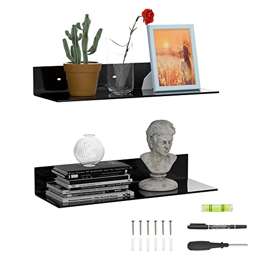 Sezanrpt 2er-Set Acryl Wandregale 43cm, Schwarz L Form schwimmend Regal, Acryl Eckregal, Perspex Wand Display Regale für Wanddekoration, Modellwagen, Kerze, Kalender, Handtuch, Tissue von Sezanrpt