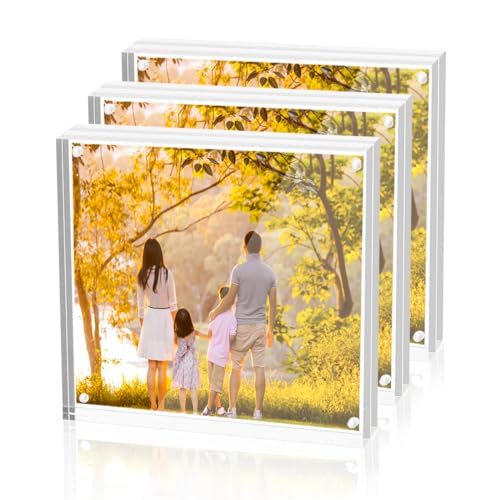 Sezanrpt Acryl 10x10cm quadratischer Bilderrahmen 3-Pack, magnetische Bilderrahmen für 10x10 oder 8x8 Bilderanzeige, klare doppelseitige freistehende Bilderrahmen, Desktop Ticket Anzeige von Sezanrpt