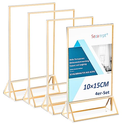 Sezanrpt Acryl Tischnummern Hochzeit 10x15 Vertikal 4 Pack, Acryl Tischkartenhalter Gold, klare Menü Halter für Tischplatte, Restaurant Einzelhandel, Papierhalter, Bilderrahmen von Sezanrpt