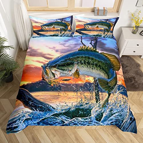 Sezhiqeu Bass Fischen Bettwäsche 155x220, 3D Muster Weich Mikrofaser Winter Bettwäsche-Sets Freizeit Angeln Bettbezug + 2 Kissenbezug 80x80 cm mit Reißverschluss B-249 von Sezhiqeu