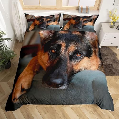 Sezhiqeu Deutscher Schäferhund Bettwäsche 220x240, 3D Muster Weich Kuschelig Mikrofaser Bettwäsche Set Hundetiere Bettbezug + 2 Kissenbezug 80x80 cm mit Reißverschluss E-4391 von Sezhiqeu