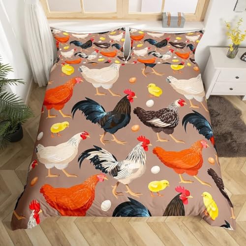 Sezhiqeu Huhn Bettwäsche 140x200, 3D Muster Weich Mikrofaser Winter Bettwäsche-Sets Rustikaler Landhausstil Bettbezug + 2 Kissenbezug 80x80 cm mit Reißverschluss D566 von Sezhiqeu