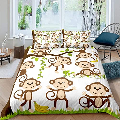Sezhiqeu Kinder Cartoon AFFE Bettwäsche 140x200, 3D Muster Weich Kuschelig Mikrofaser Bettwäsche Set Niedlicher AFFE Bettbezug + 2 Kissenbezug 80x80 cm mit Reißverschluss von Sezhiqeu