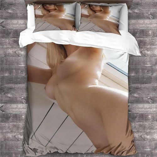 Sezhiqeu Sexy Mädchen Bettwäsche 155x220, Super Weich Mikrofaser 3D Bettwäsche Set Sexy Nackte Mädchen Bettbezug mit Reißverschluss + 2 Kissenbezug 80x80 cm I-33 von Sezhiqeu