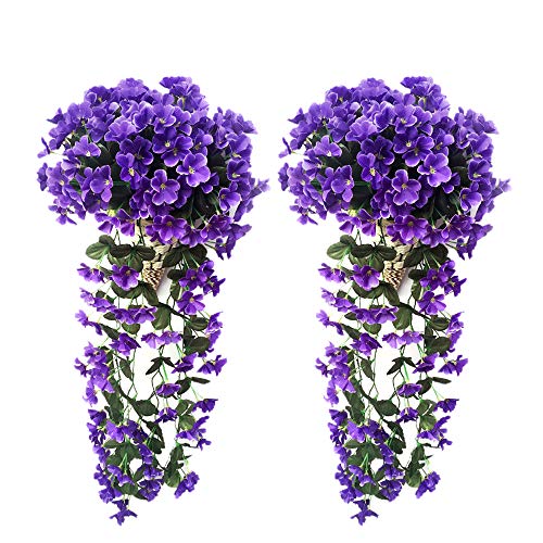 Sfit 2 Stück Künstlich Hängende Blumen, Veilchen Hängende Kunstblumen, Violette Blumen, Künstliche Hängepflanzen Hängend Girlande Seidenblumen Plastikblumen für Outdoor Garten Hochzeit Wand Dekoration von Sfit