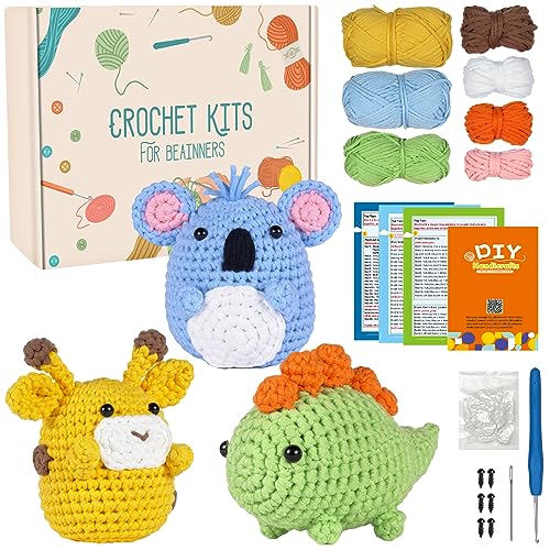 Sfit 3pcs Häkelpaket für Anfänger,Komplett Häkeltiere Set,Strickset mit Häkelnadeln,Schritt-für-Schritt-Anleitungsvideo, Häkel-Starter-Kit für DIY-Bastelkunst (Dinosaur,Giraffe,Koala) von Sfit