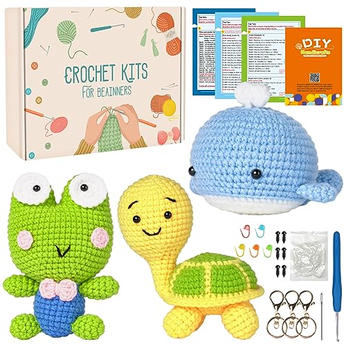 Sfit 3pcs Häkelpaket für Anfänger,Komplett Häkeltiere Set,Strickset mit Häkelnadeln,Schritt-für-Schritt-Anleitungsvideo, Häkel-Starter-Kit für DIY-Bastelkunst (Frosch,Schildkröte,Wal) von Sfit