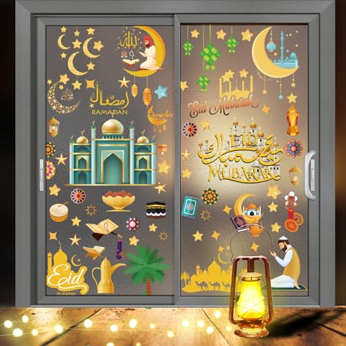 Sfoni 135 Stück Fensterbilder Ramadan Eid Mubarak Fensterbilder Selbstklebend Doppelseitig Fensteraufkleber Ramadan Fensterbild Deko Stern Mond Muslim Fensterdeko für Islamischen Feiertag von Sfoni