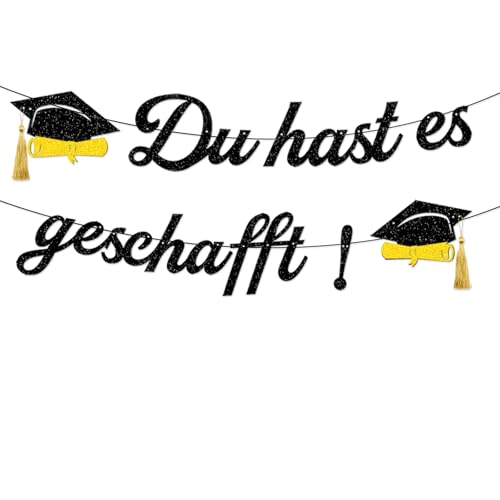 Graduation Girlande Deko Glitzer Schwarz, Du hast es geschafft, Vorbenannte Girlande aus Papier mit Absolventenhut Motiv Quasten Banner Hängende Dekoration für Abitur Bachelor Master Abschlussfeiern von Sfoni