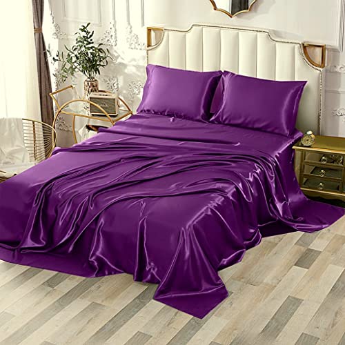 Sfoothome 4-teiliges seidiges Satin-Bettlaken-Set, King-Size-Bettlaken-Set, lila Satin-Bettwäsche-Set, atmungsaktiv, weiches Bettlaken-Set beinhaltet 1 Spannbetttuch, 1 Bettlaken, 2 Kissenbezüge von Sfoothome