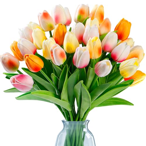 Sggvecsy Künstliche Tulpen, fühlen sich echt an, PU-Kunstblumen, Tulpenstiele für Hochzeit, Blumenarrangement, Frühlingsstrauß, Zuhause, Party, Büro, Dekorationen für Muttertag (mehrfarbig), 30 Stück von Sggvecsy