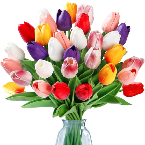 Sggvecsy Künstliche Tulpen, fühlen sich echt an, PU-Kunstblumen, Tulpenstiele für Hochzeit, Frühlingsstrauß, Blumenarrangement, Party, Zuhause, Büro, Dekorationen für Muttertag (mehrfarbig), 30 Stück von Sggvecsy