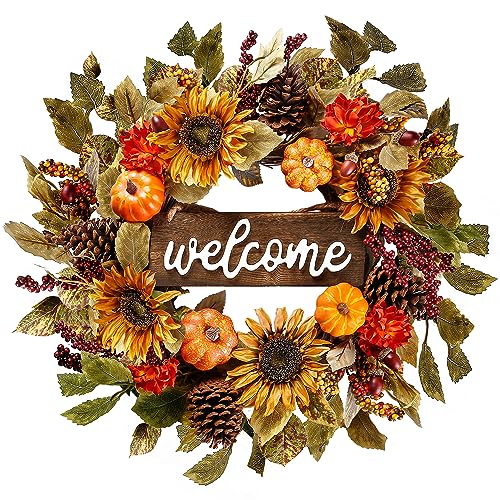 Sggvecsy Künstlicher Herbstkranz, 50,8 cm, Herbst-Haustürkranz, Ernte-Kranz mit Sonnenblumenkürbis, Beeren, Tannenzapfen, Eicheln für Außen, Innenbereich, Wand, Fenster, Erntedankfest, Sggvecsy Künstlicher Herbstkranz, 50,8 cm, Herbst-Haustürkranz, Ernte-Kranz mit Sonnenblumenkürbis, Beeren, Tannenzapfen, Eicheln für Außen, Innenbereich, Wand, Fenster, Erntedankfest, von Sggvecsy
