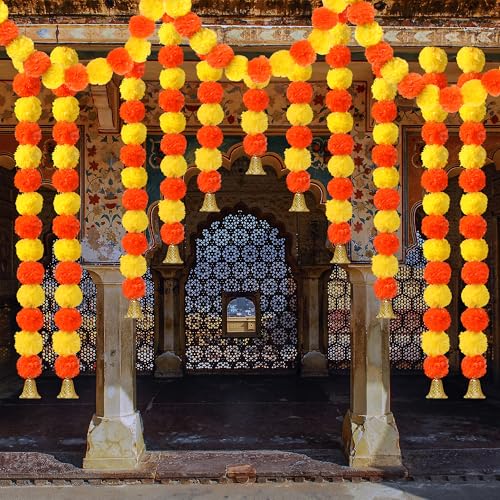 Sggvecsy Ringelblumen-Girlande, Diwali-Dekoration, künstliche Blumen, 1,5 m lange Stränge, künstliche orangefarbene Girlanden mit goldenen Glocken für Pooja, indische Heimpartys, Hochzeitsdekoration Sggvecsy Ringelblumen-Girlande, Diwali-Dekoration, künstliche Blumen, 1,5 m lange Stränge, künstliche orangefarbene Girlanden mit goldenen Glocken für Pooja, indische Heimpartys, Hochzeitsdekoration von Sggvecsy