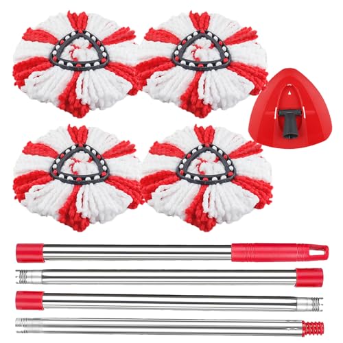 Sgizoku 6-teiliges Wischmopp-Set für Vieda Spin Turbo/Turbo Smart/EasyWring&Clean 1 Tank-Eimer-Ersatz, 4 rot gestreifte Moppköpfe + 1 Mopp-Basis + 1 Metall-Moppgriff (Red Kit(4R+1C+1Pole)) von Sgizoku