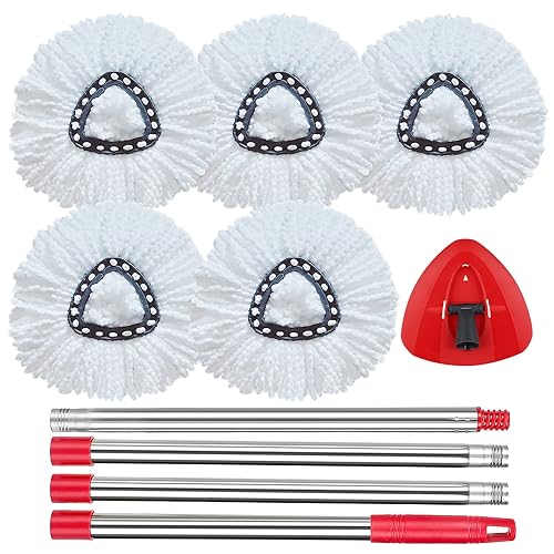 Sgizoku Ersatzmoppkopf mit Stange kompatibel mit Viledars EasyWring&Clean/Turbo Smart/Turbo Spin 1 Tank, 5 Stück Nachfüllung für weißen Mopp+1 Stück Basis für Mopp Spin + Moppstiel 147cm von Sgizoku