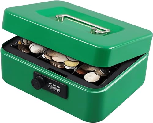 Sgorlds Geldkassette mit Zahlenschloss und abnehmbarem Geldfach, Metallschlosskasten für Geldsicherung, 25 x 20 x 9 cm, Grün Medium von Sgorlds