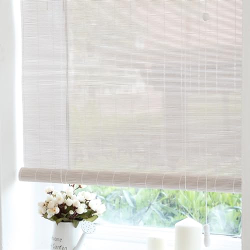 Sh000ad Weiß Bambusrollo Jalousie,Bambus-Rollos für Fenster,Verdunkelungsrollo,Filterlicht Raffrollos,Sichtschutz,Sonnenschutz Vorhang,für Innen/Außen,Anpassbar,Breite x Höhe (60cm x 210cm) von Sh000ad
