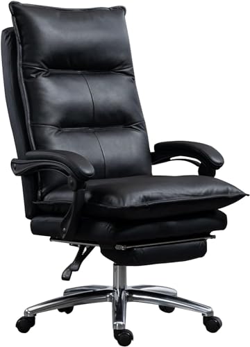 ShAzanz Bürostühle Design Bürostuhl Ergonomischer Computerstuhl for Homeoffice, Drehstuhl aus echtem Leder mit ausziehbarer Fußstütze(Black) von ShAzanz