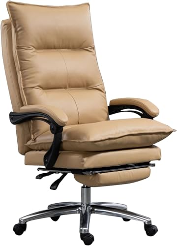 ShAzanz Bürostühle Design Bürostuhl Ergonomischer Computerstuhl for Homeoffice, Drehstuhl aus echtem Leder mit ausziehbarer Fußstütze(Khaki) von ShAzanz
