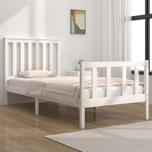 ShCuShan Bettgestell aus Massivholz, weiß, 75 x 190 cm, kleines Einzelbett, Gestell für Doppelbett, elegantes Kopfteil aus Metall, rustikaler und moderner Stil von ShCuShan