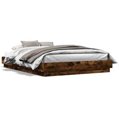 ShCuShan Bettgestell aus Rauch-Eiche, 140 x 200 cm, aus mehrschichtigem Holz, für Doppelbett, elegantes Kopfteil aus Metall, rustikaler und moderner Stil von ShCuShan
