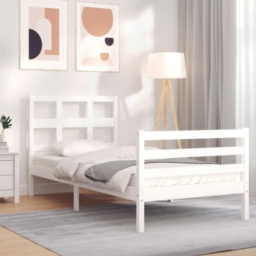 ShCuShan Bettgestell mit Kopfteil, weiß, 90 x 200 cm, aus Massivholz, für Doppelbett, elegantes Kopfteil aus Metall, rustikaler und moderner Stil von ShCuShan