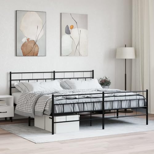 ShCuShan Bettgestell mit Kopfteil und Fußteil, Metall, schwarz, 193 x 203 cm, Doppelbettgestell, elegantes Kopfteil aus Metall, rustikaler und moderner Stil von ShCuShan