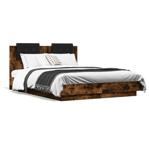 ShCuShan Bettgestell mit Kopfteil und LED, Rauch-Eiche, 120 x 190 cm, Bettgestell mit gepolsterter Plattform, Matratzenunterlage, Lattenrost aus Holz, einfach zu montieren von ShCuShan