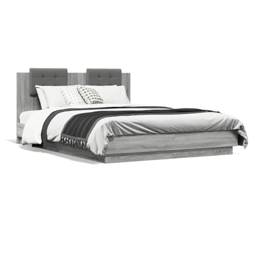 ShCuShan Bettgestell mit Kopfteil und LED, Sonoma-Grau, 150 x 200 cm, Doppelbett mit LED-Beleuchtung, Lattenrost von ShCuShan