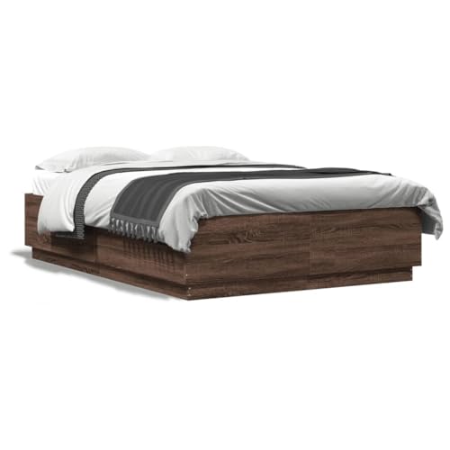 ShCuShan Bettgestell mit LED-Lichtern, Eiche, Braun, 150 x 200 cm, mehrschichtiges Holz, gepolstert, LED-Beleuchtung, modernes Bett, Kunstleder, mit Lattenrost aus Holz von ShCuShan