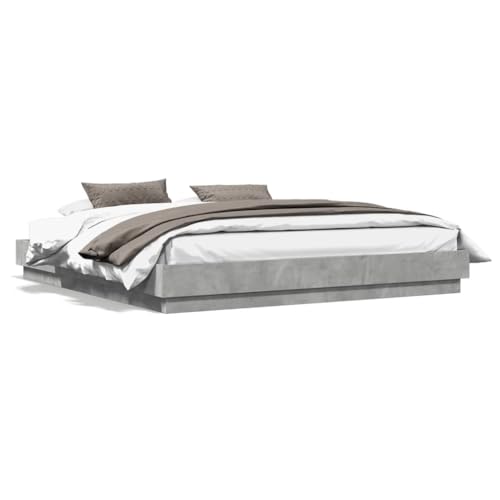 ShCuShan Bettgestell mit LED-Lichtern, Grau, Beton, 200 x 200 cm, gepolstertes Bett mit LED-Beleuchtung, modernes Bett, Kunstleder, mit Lattenrost von ShCuShan