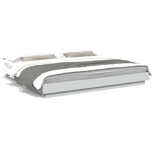 ShCuShan Bettgestell mit LED-Lichtern, weiß, 200 x 200 cm, aus mehrschichtigem Holz, gepolstertes Bett, LED-Beleuchtung, modernes Bett, Kunstleder, mit Lattenrost von ShCuShan