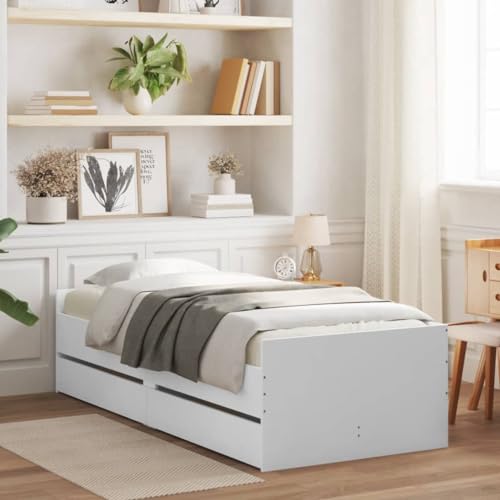 ShCuShan Bettgestell mit Schubladen, weiß, 90 x 200 cm, für Doppelbett, elegantes Kopfteil aus Metall, rustikaler und moderner Stil von ShCuShan